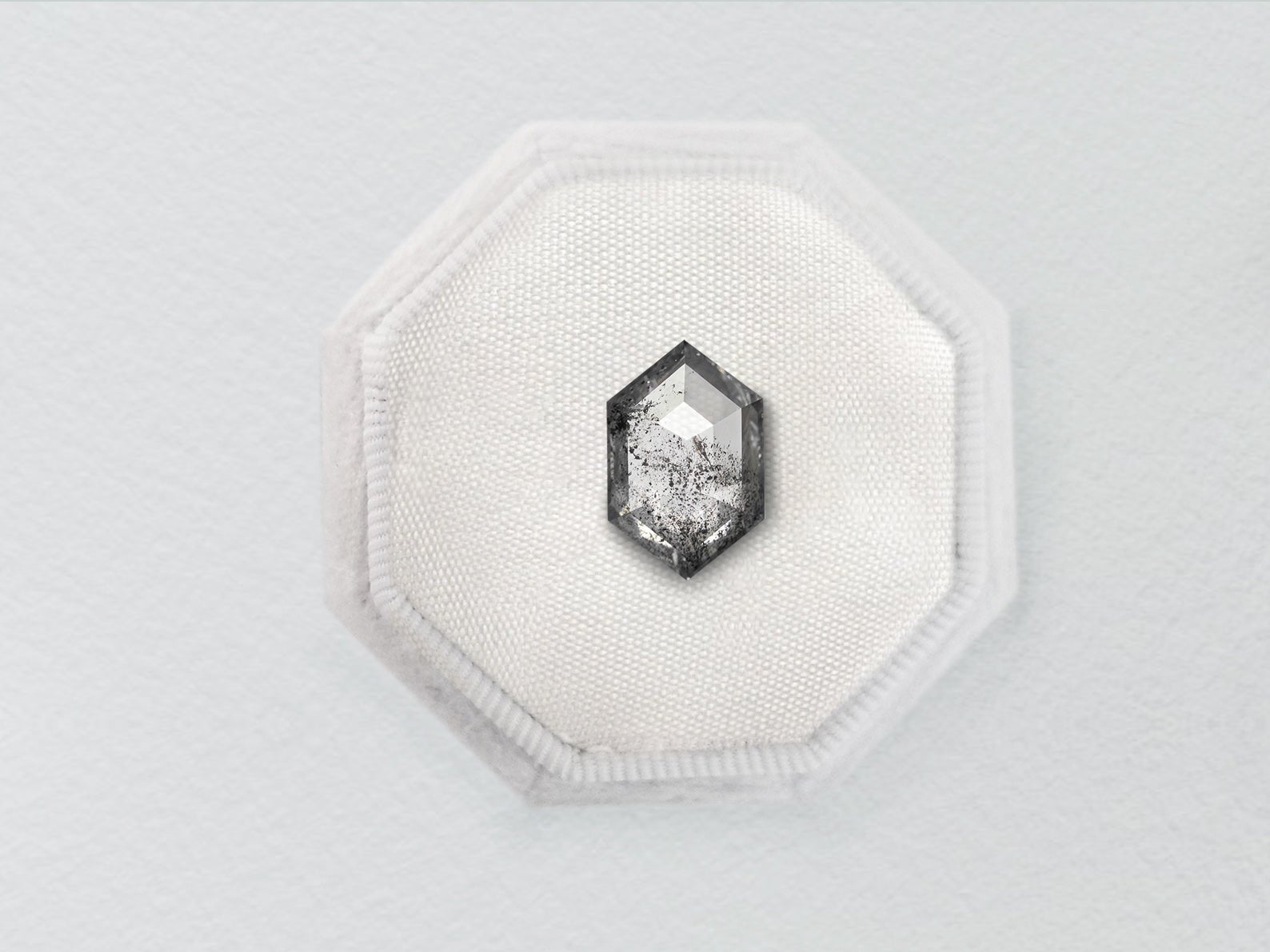 0.86ct Salt and Pepper Hexagon Step Cut Diamond - Lelya - bespoke engagement and wedding rings made in Scotland, UK