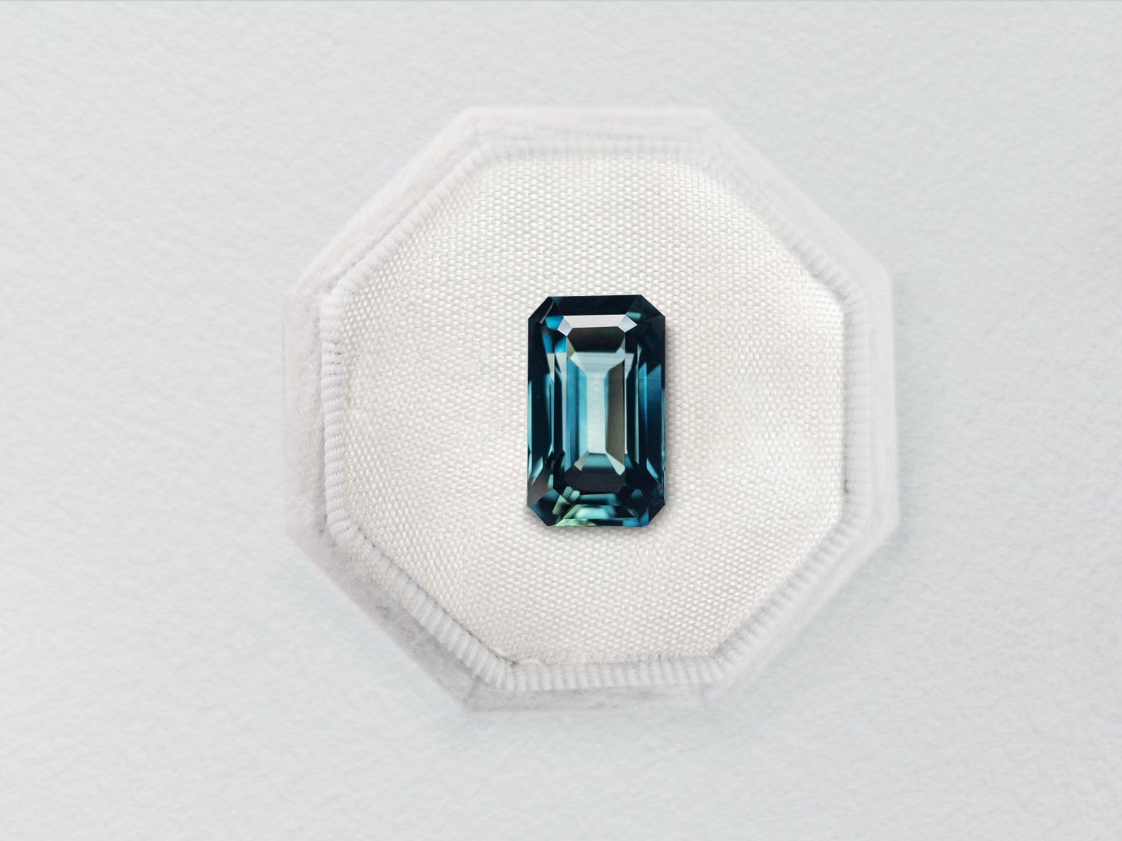 2.36ct Teal-Blue Cut Corner Rectangle Step Cut Sapphire - Lelya - bespoke engagement and wedding rings made in Scotland, UK