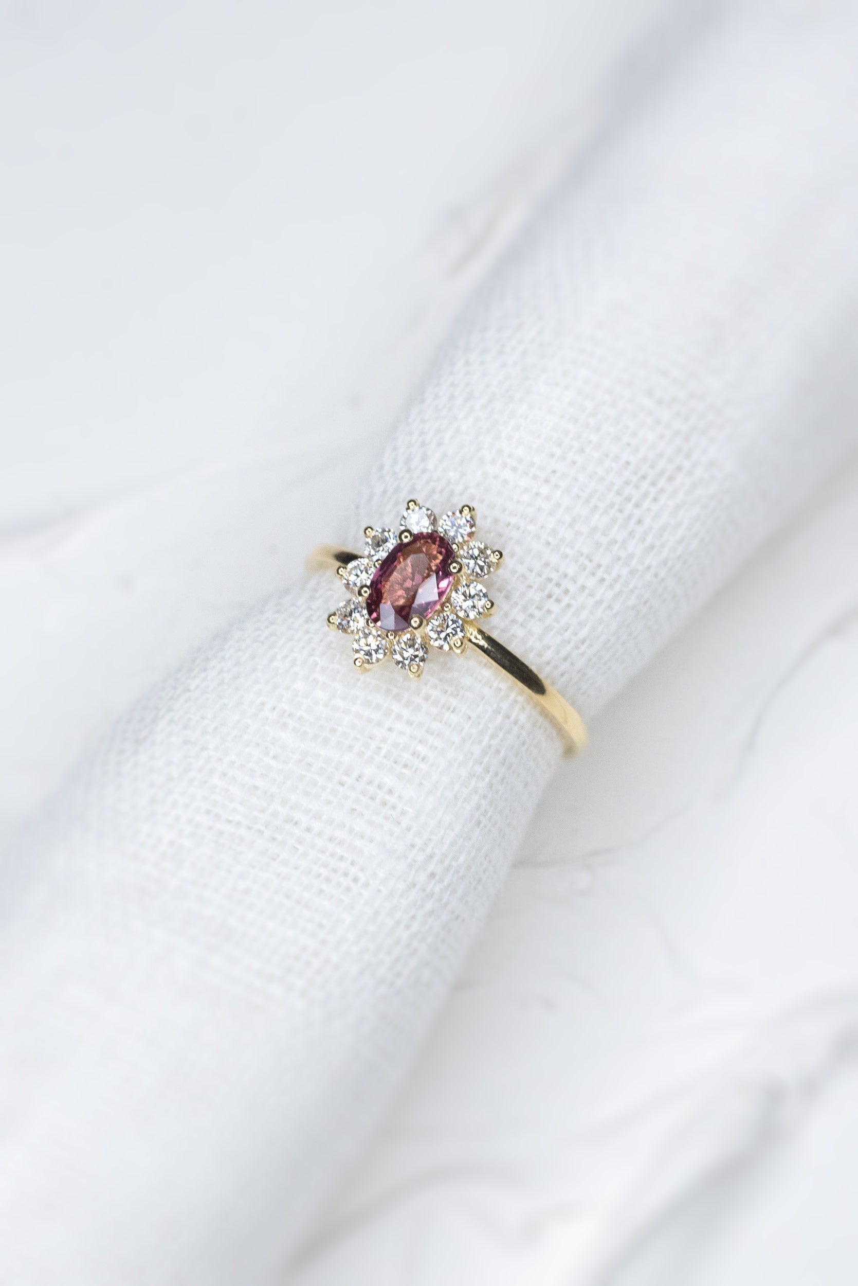 Custom 0.52ct Pink Orange Sapphire Halo Ring - Lelya - bespoke engagement and wedding rings made in Scotland, UK