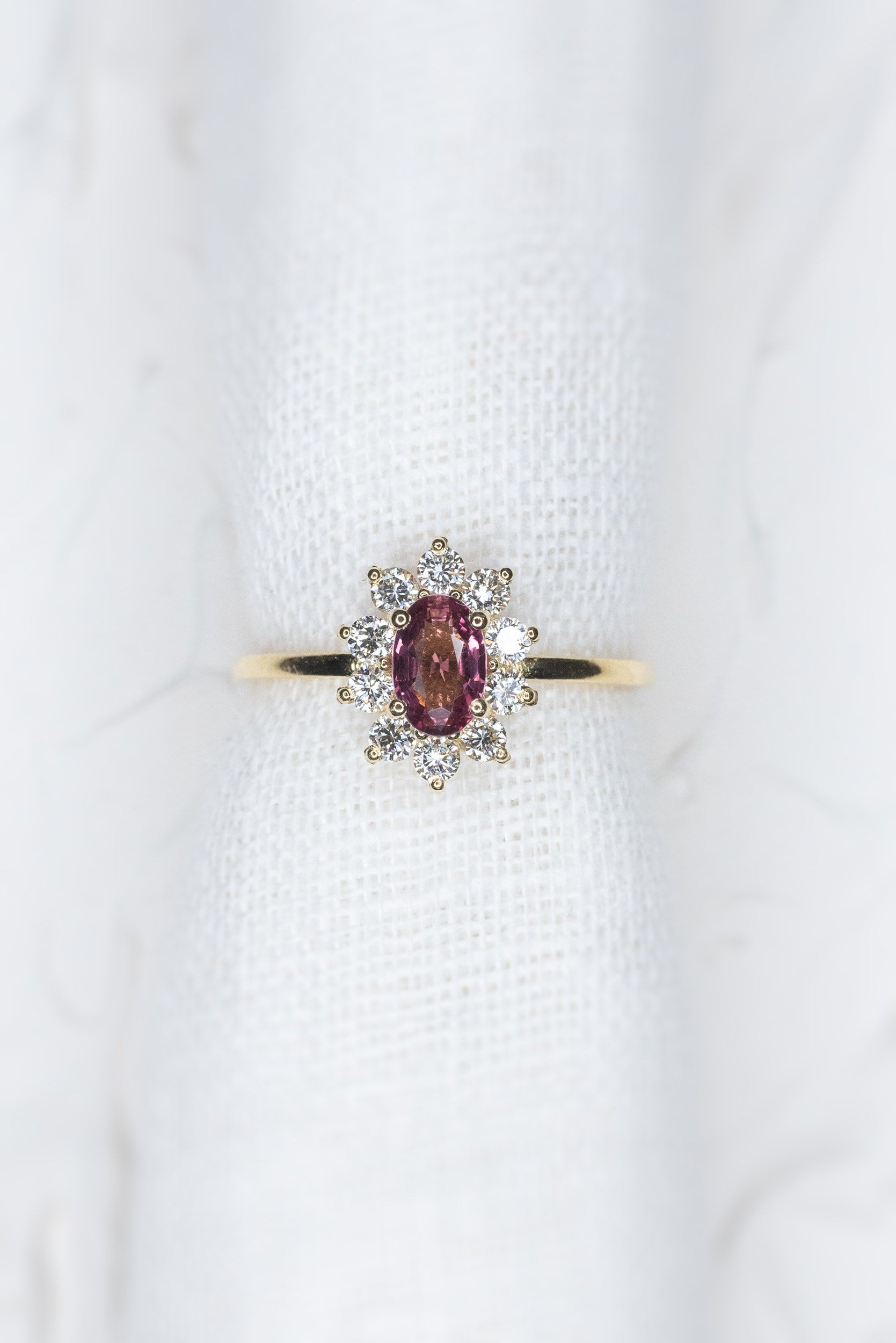 Custom 0.52ct Pink Orange Sapphire Halo Ring - Lelya - bespoke engagement and wedding rings made in Scotland, UK