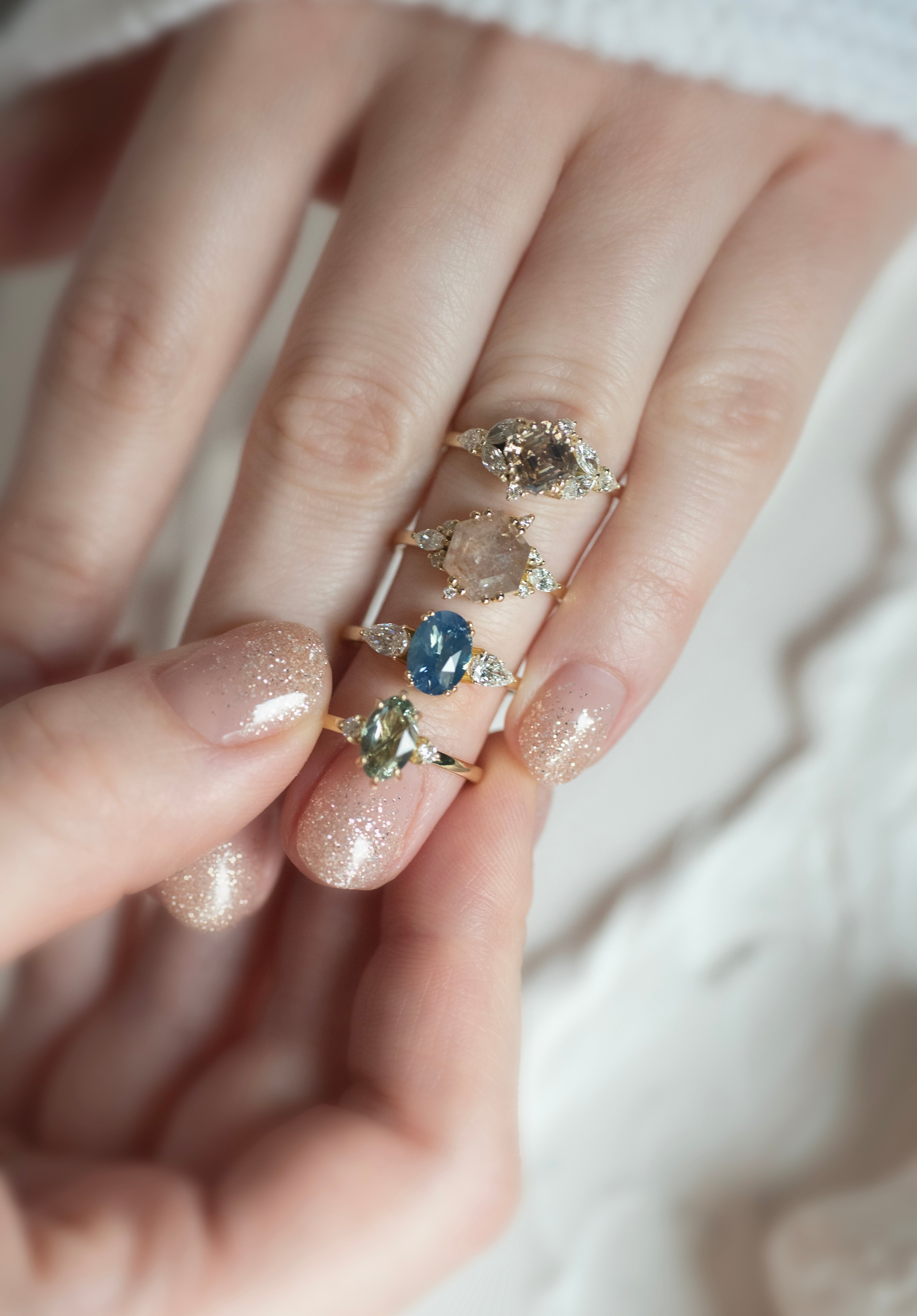 0.93ct Green Rose Cut Stella Triad Ring - Lelya - bespoke engagement and wedding rings made in Scotland, UK