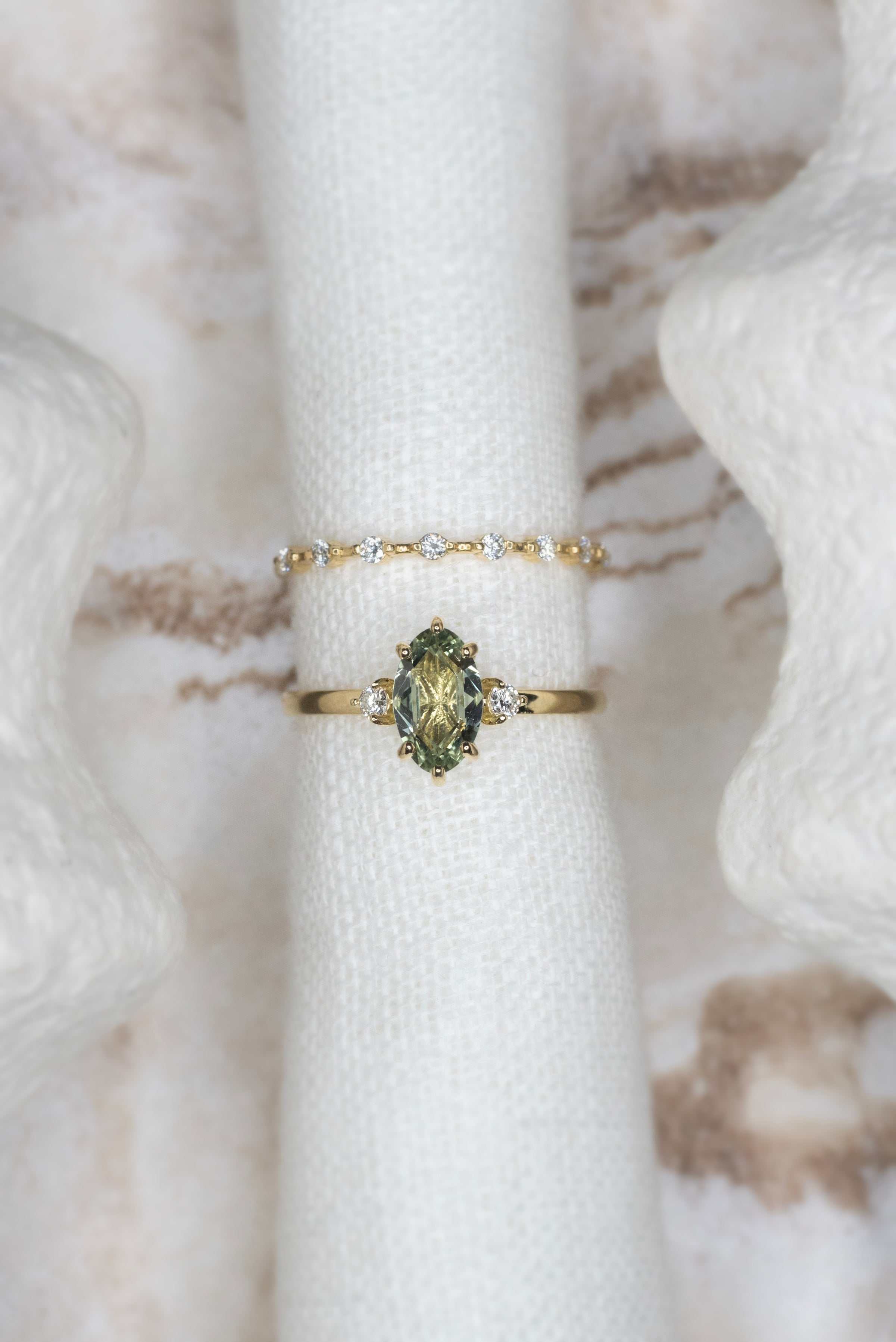 0.93ct Green Rose Cut Stella Triad Ring - Lelya - bespoke engagement and wedding rings made in Scotland, UK