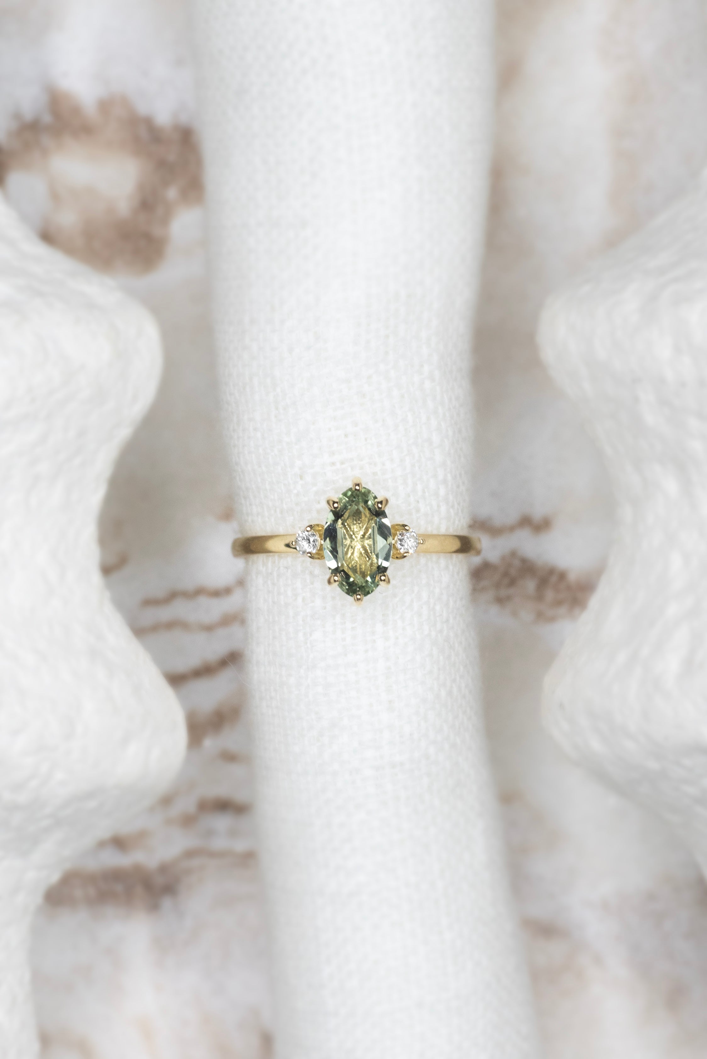 0.93ct Green Rose Cut Stella Triad Ring - Lelya - bespoke engagement and wedding rings made in Scotland, UK