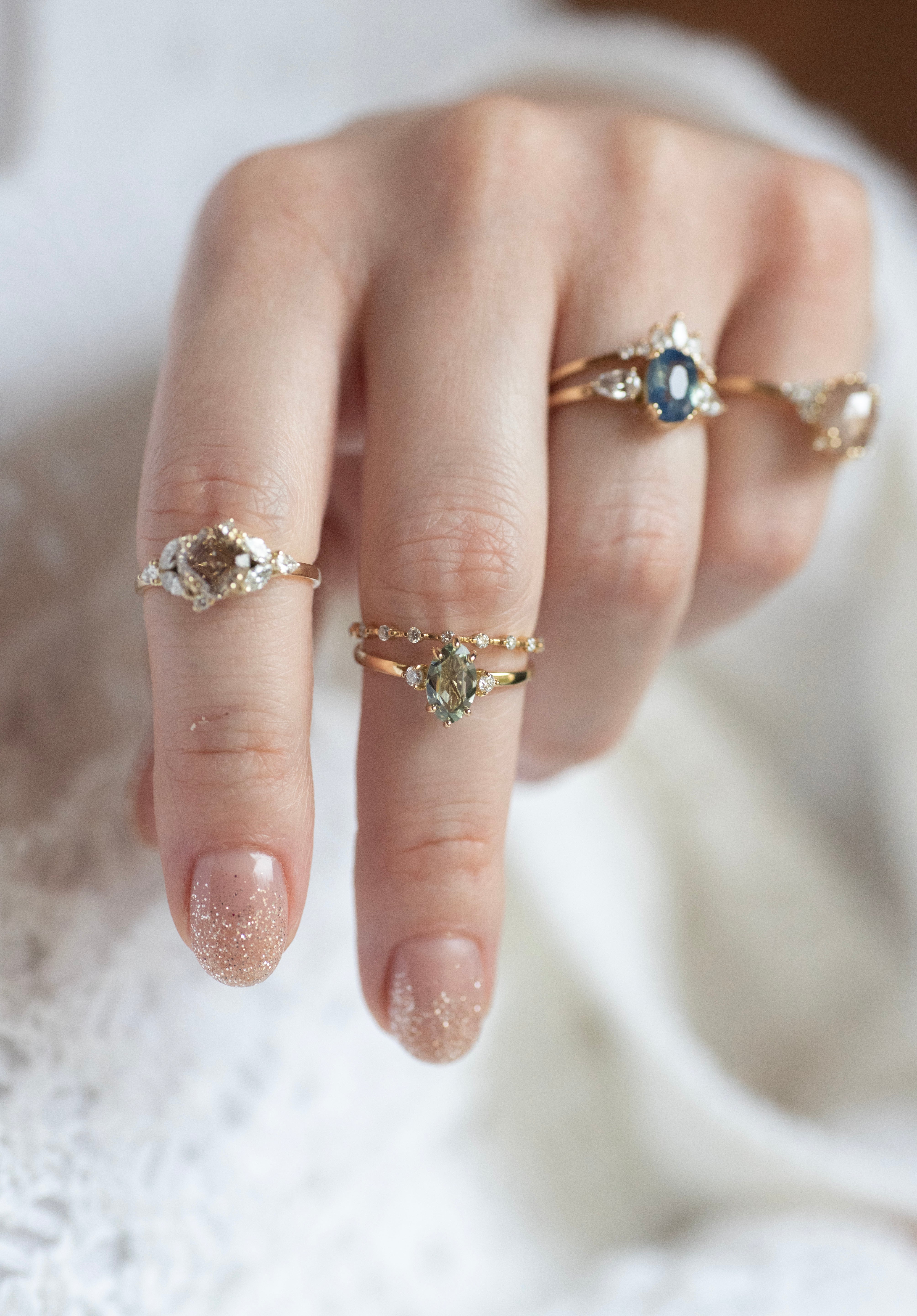 0.93ct Green Rose Cut Stella Triad Ring - Lelya - bespoke engagement and wedding rings made in Scotland, UK