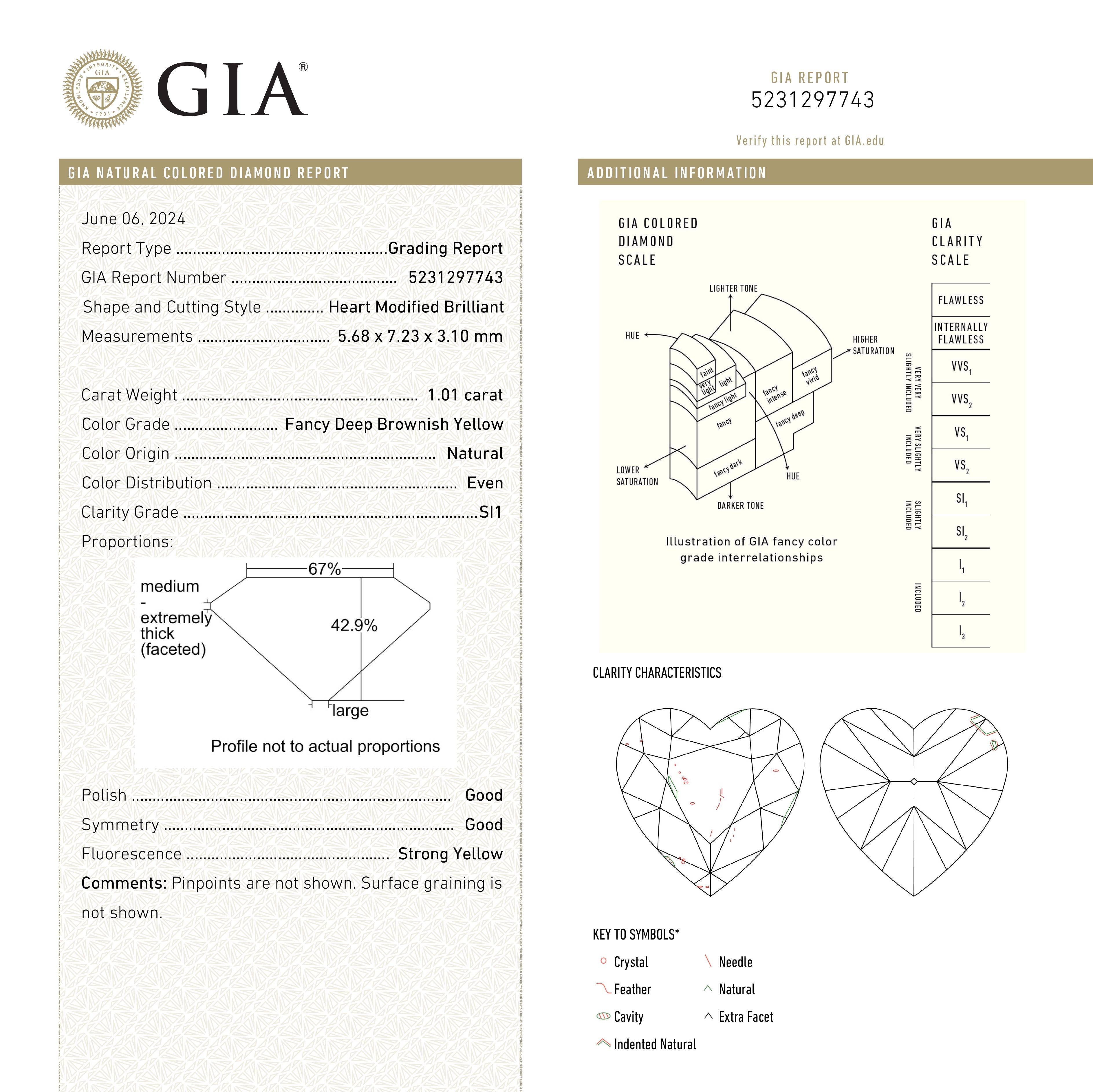 1.01ct 5.68x7.23x3.10mm GIA SI1 Fancy Deep Brownish Yellow Heart Brilliant 28350-01 - Lelya - bespoke engagement and wedding rings made in Scotland, UK