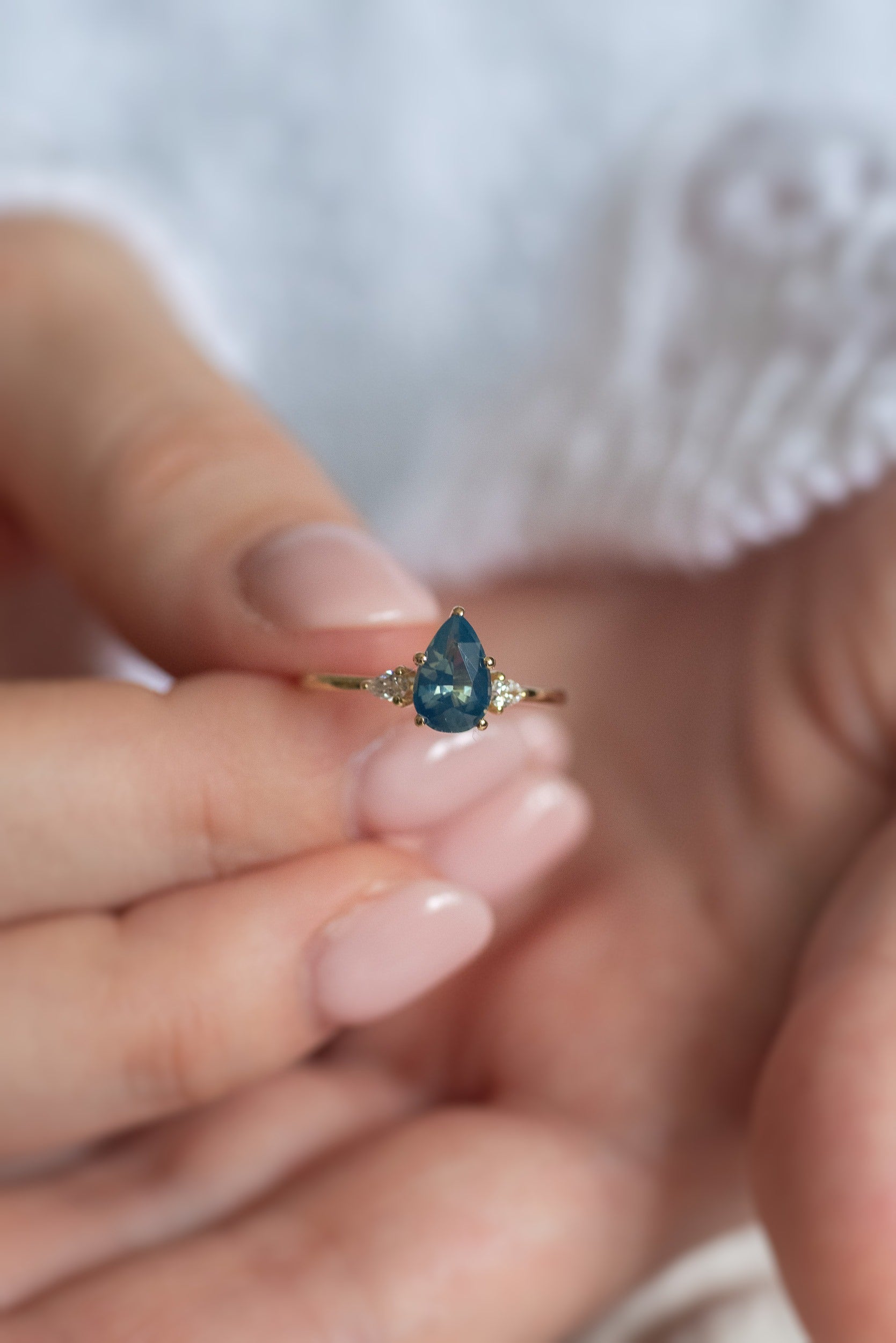 1.13ct Pear Teal Sapphire Gaia Triad Ring - Lelya - bespoke engagement and wedding rings made in Scotland, UK