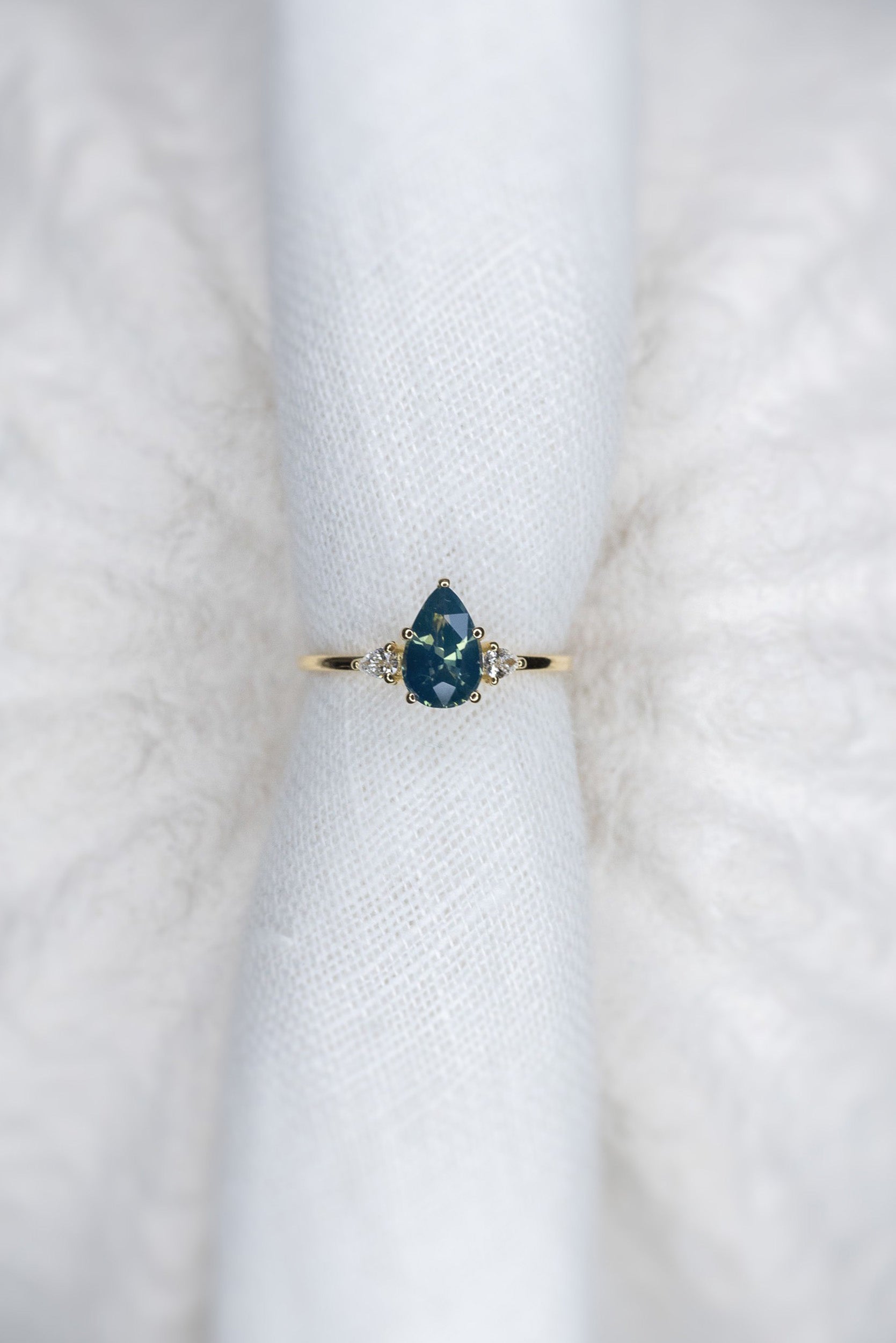 1.13ct Pear Teal Sapphire Gaia Triad Ring - Lelya - bespoke engagement and wedding rings made in Scotland, UK