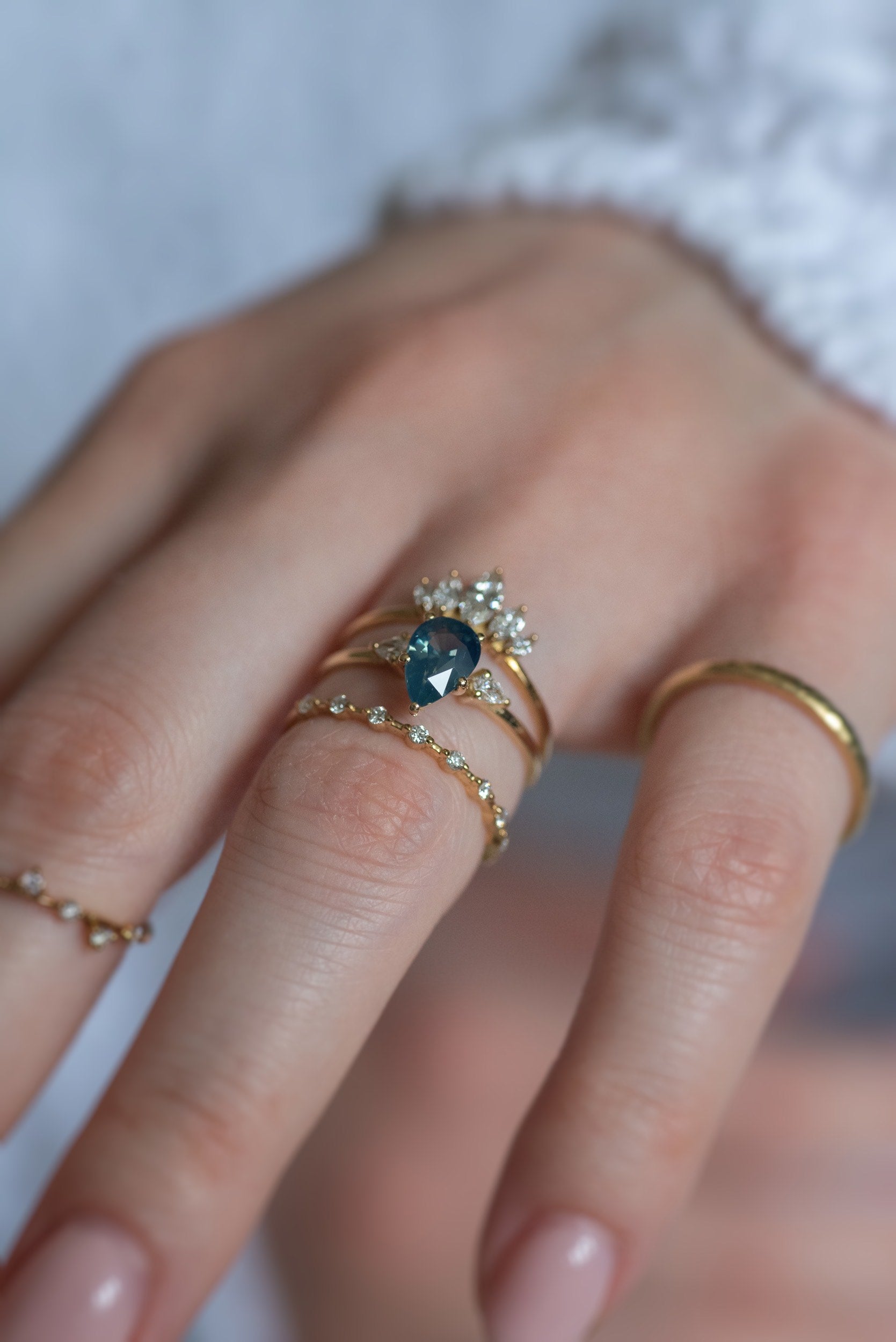 1.13ct Pear Teal Sapphire Gaia Triad Ring - Lelya - bespoke engagement and wedding rings made in Scotland, UK