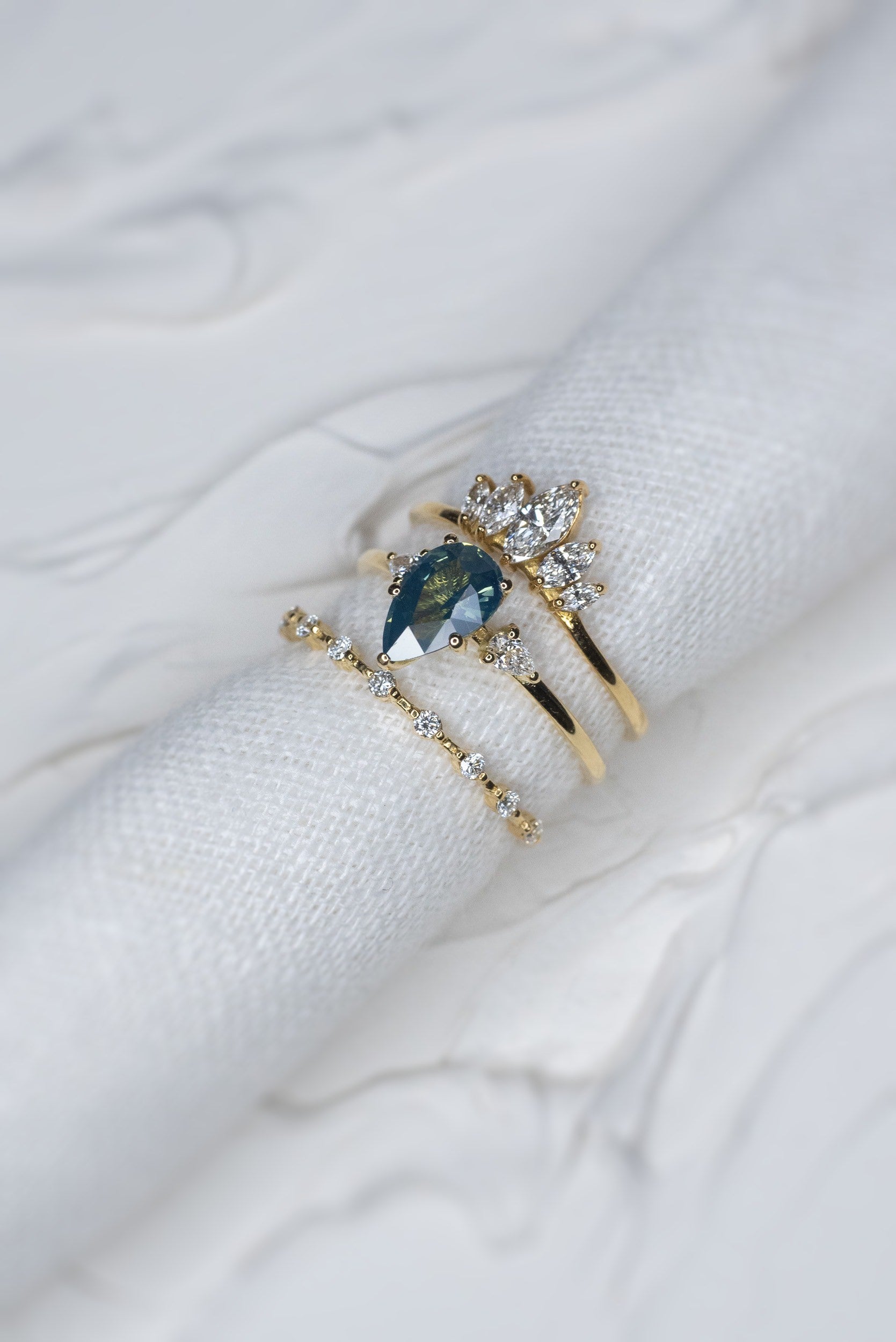 1.13ct Pear Teal Sapphire Gaia Triad Ring - Lelya - bespoke engagement and wedding rings made in Scotland, UK