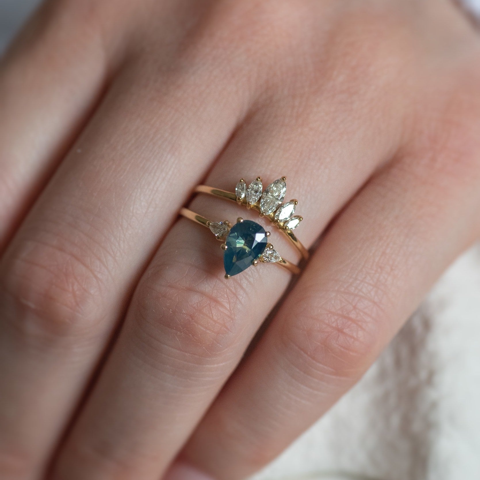 Teal Pear Sapphire Pear Teal Sapphire Gaia Triad Ring – Lelya