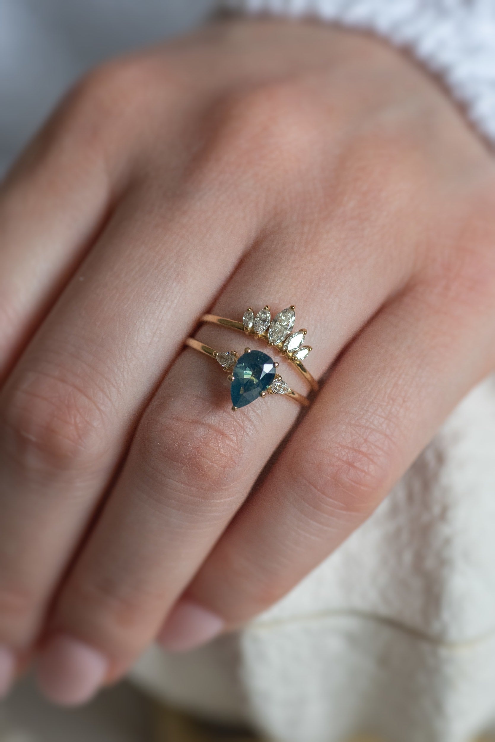 1.13ct Pear Teal Sapphire Gaia Triad Ring - Lelya - bespoke engagement and wedding rings made in Scotland, UK