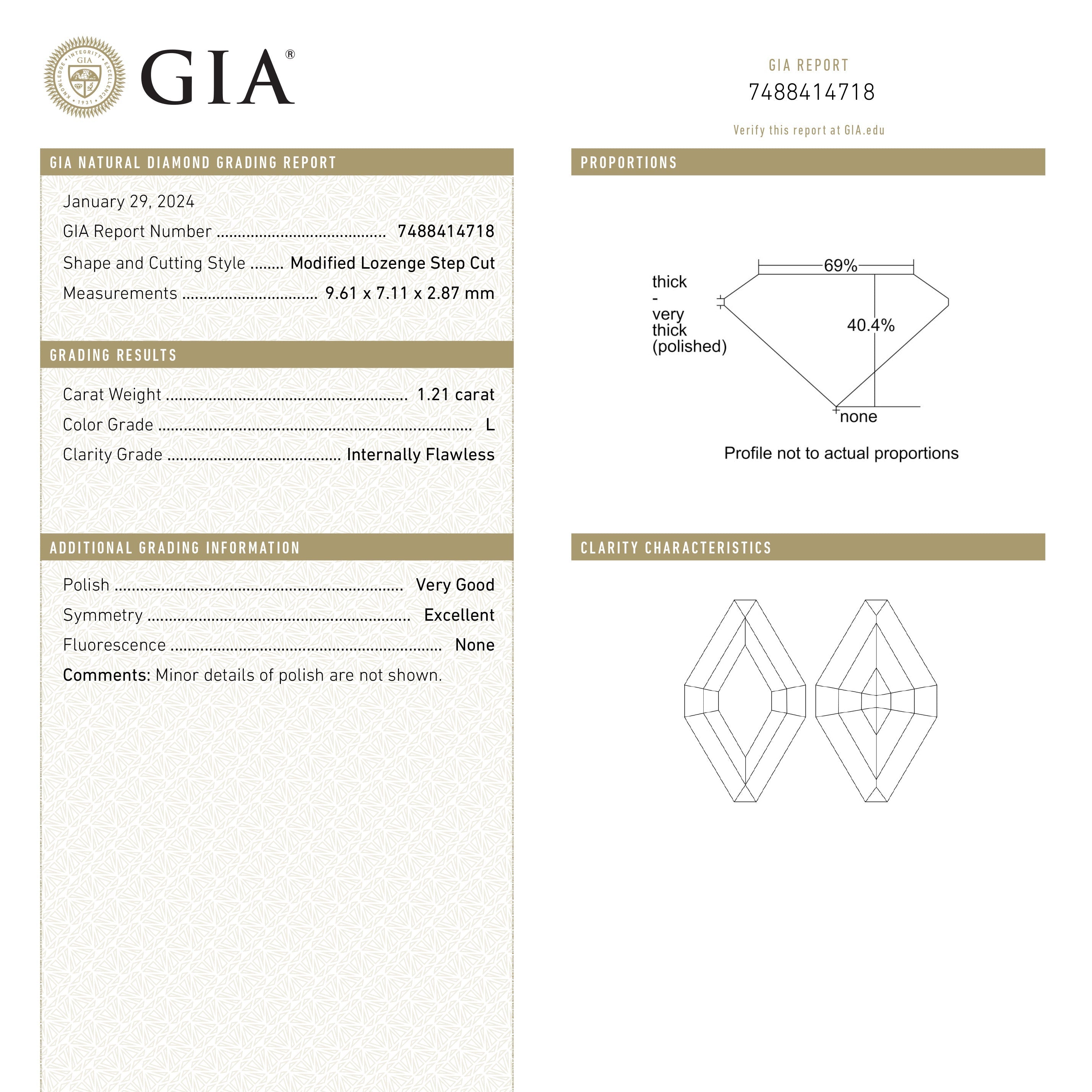 1.21ct 9.61x7.11x2.87mm GIA Internally Flawless L Lozenge Step Cut 25077-01 - Lelya - bespoke engagement and wedding rings made in Scotland, UK