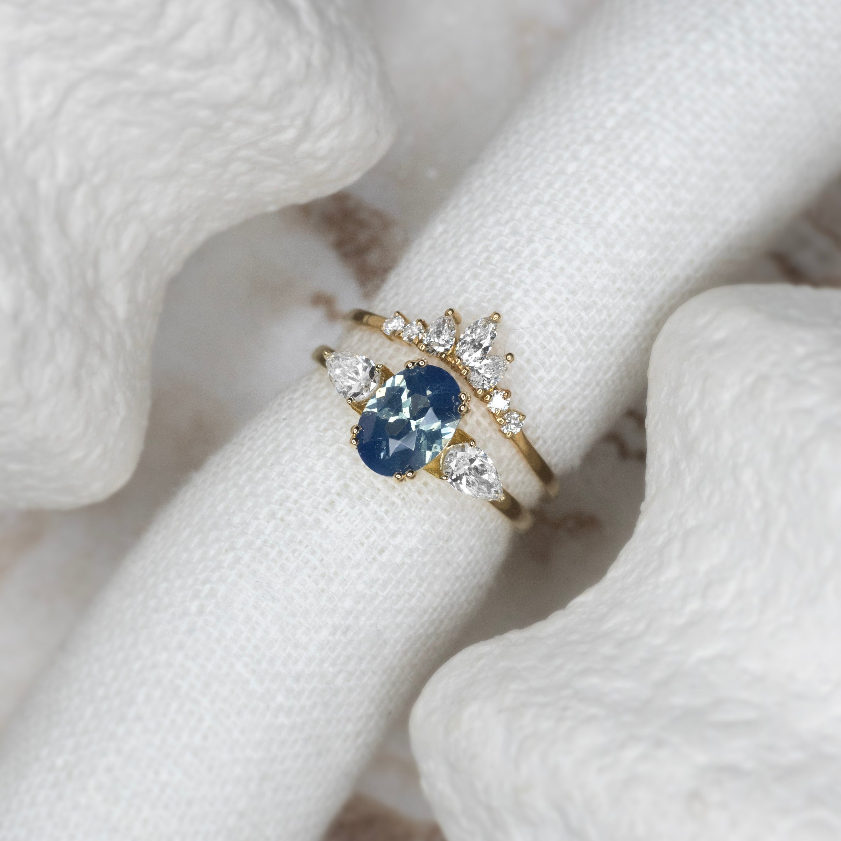 1.21ct Blue Aurora Triad Ring - Lelya - bespoke engagement and wedding rings made in Scotland, UK
