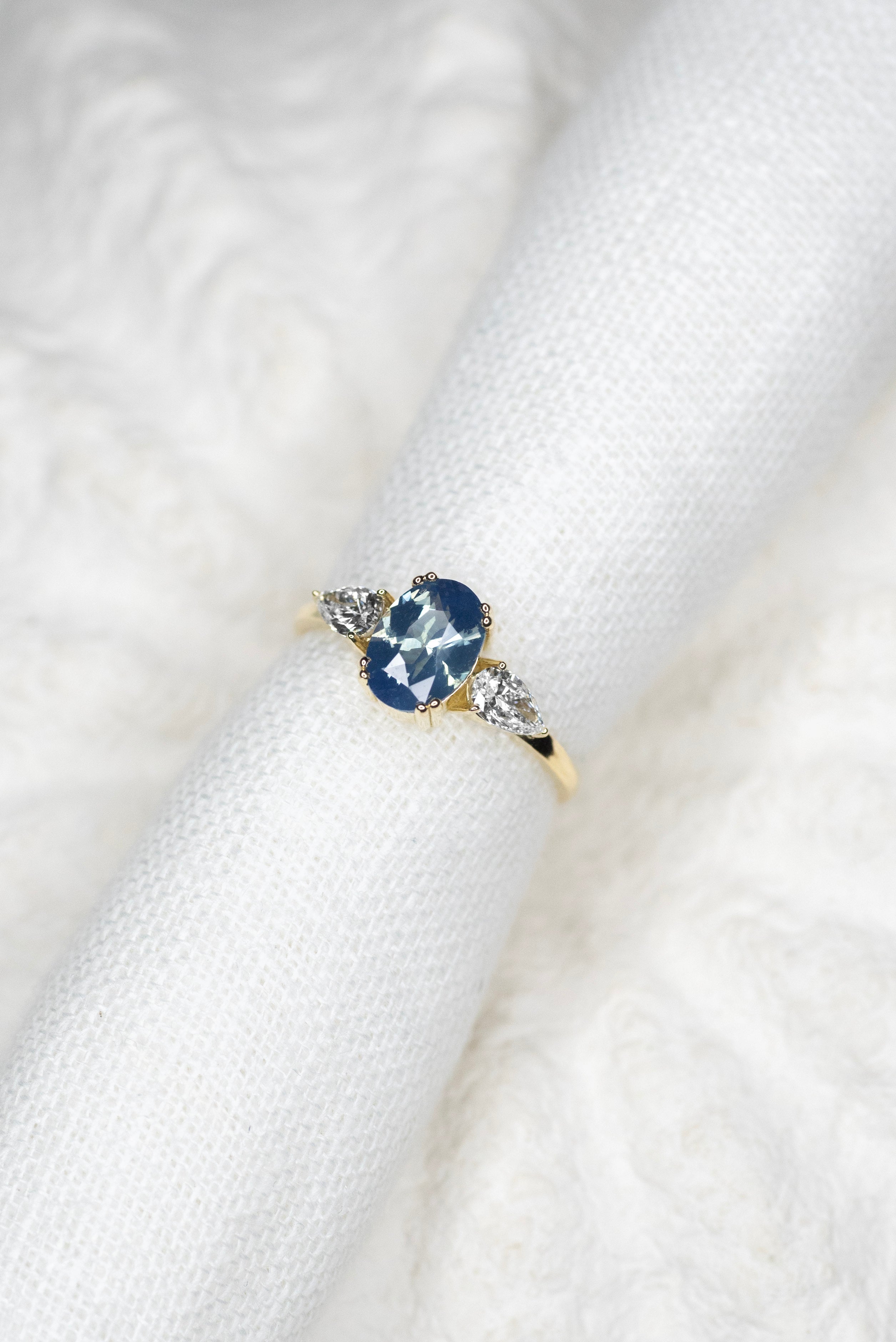 1.21ct Blue Aurora Triad Ring - Lelya - bespoke engagement and wedding rings made in Scotland, UK