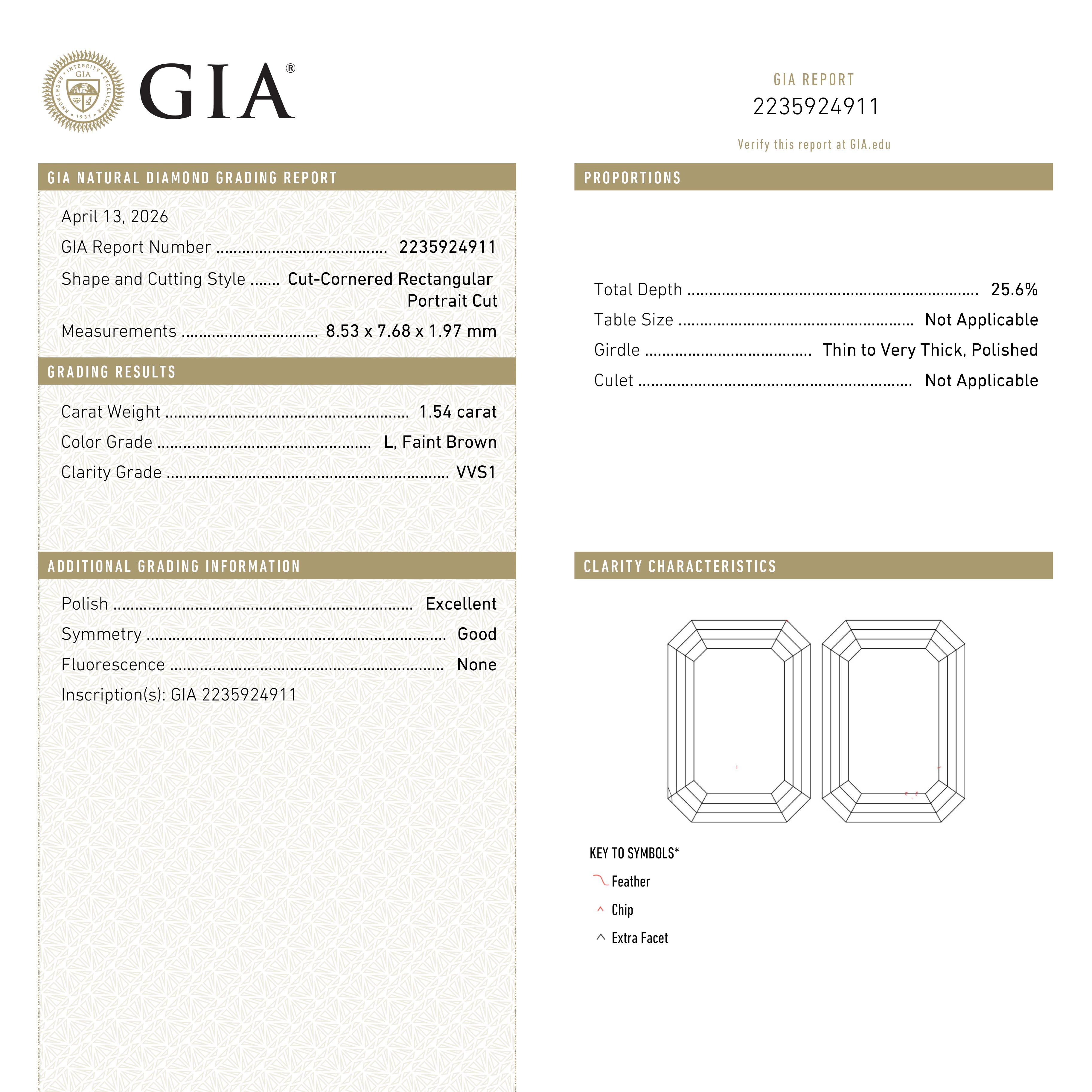 1.54ct 8.53x7.68x1.97mm GIA VVS1 L Cut Corner Rectangle Portrait Cut 28016-01 - Lelya - bespoke engagement and wedding rings made in Scotland, UK