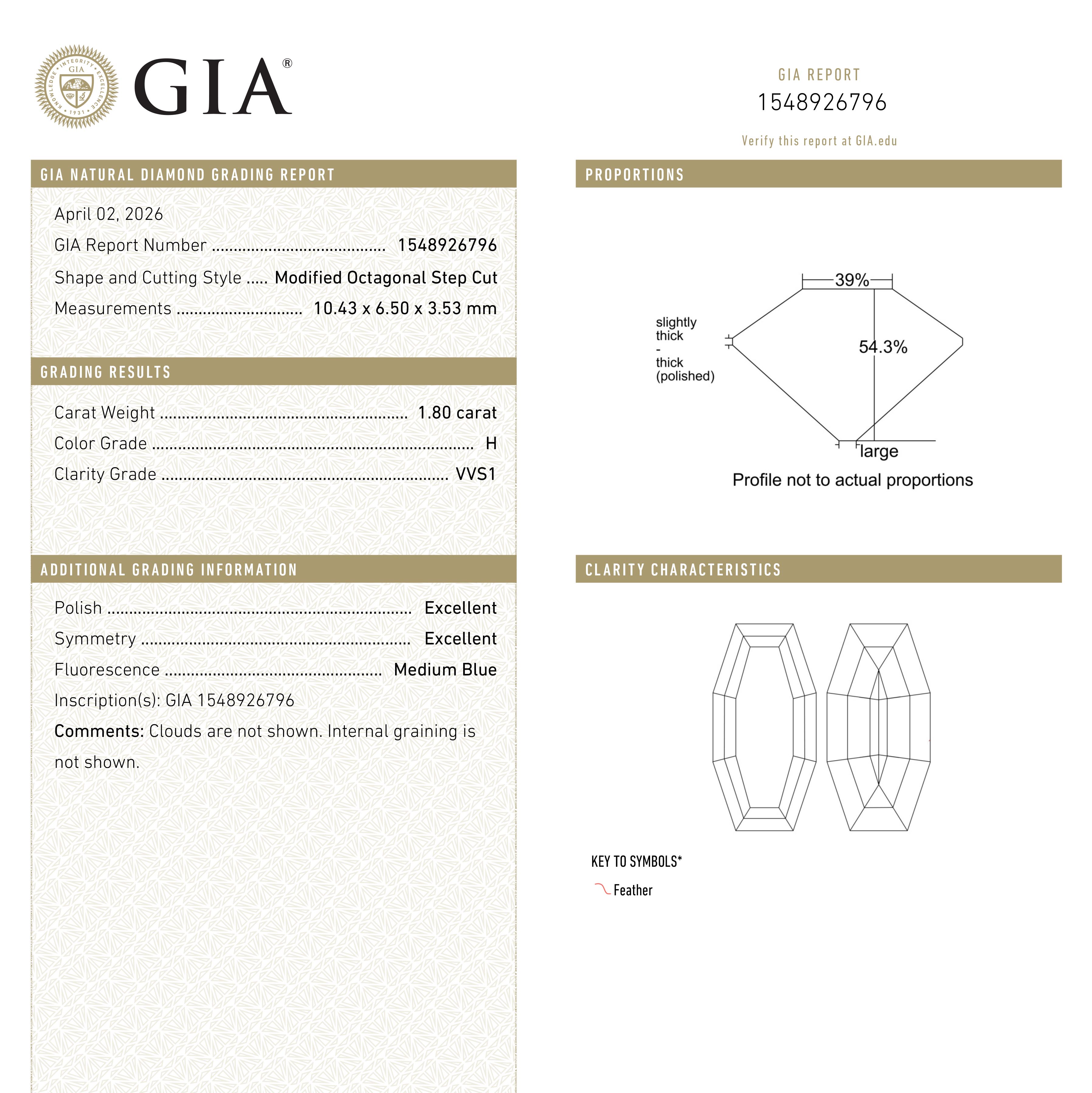 1.80ct 10.43x6.50x3.53mm GIA VVS1 H Cut Corner Rectangle Step Cut 28011-01 - Lelya - bespoke engagement and wedding rings made in Scotland, UK