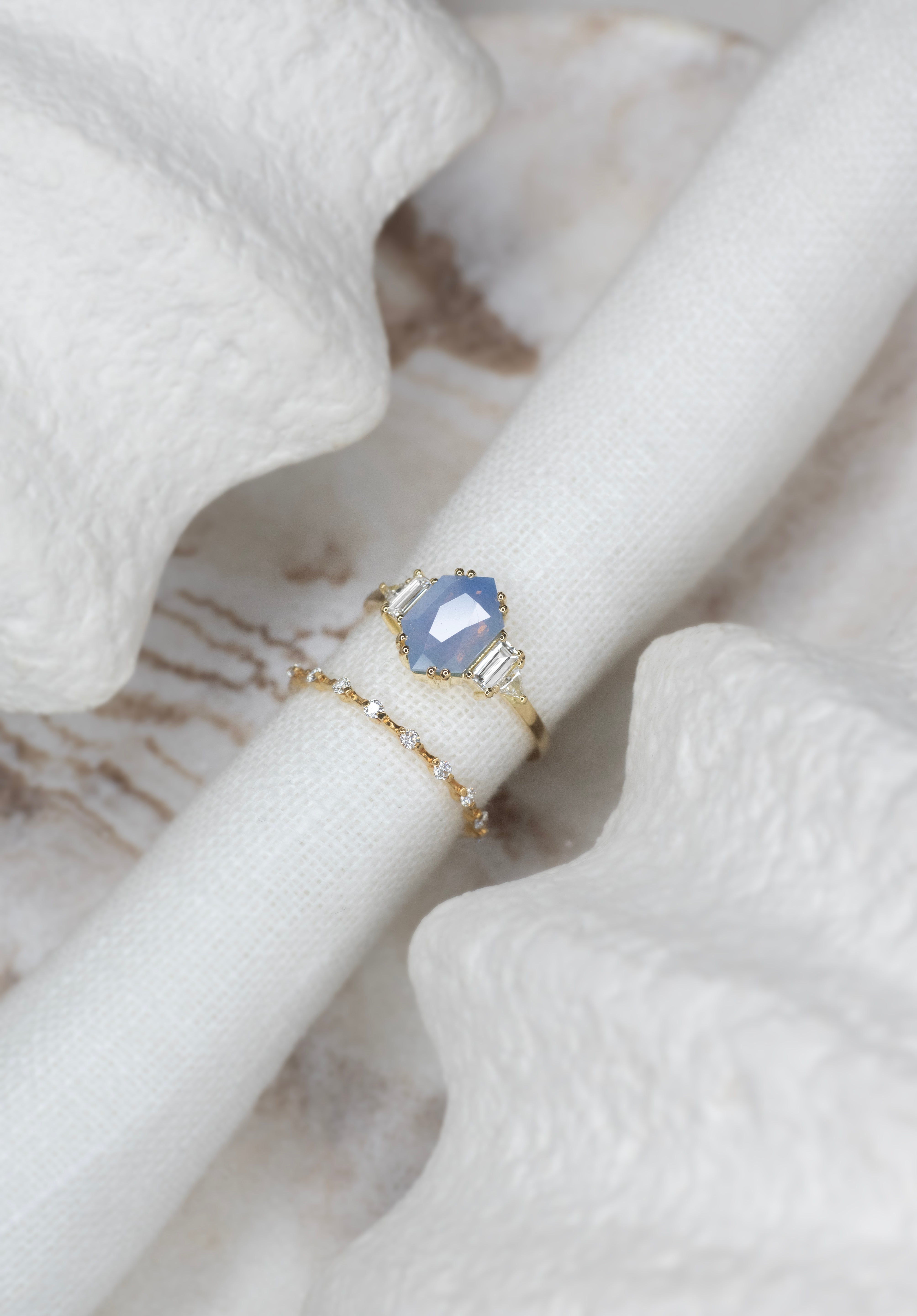 2.04ct Hexagon Sapphire Moonlight's Hush Ring - Lelya - bespoke engagement and wedding rings made in Scotland, UK