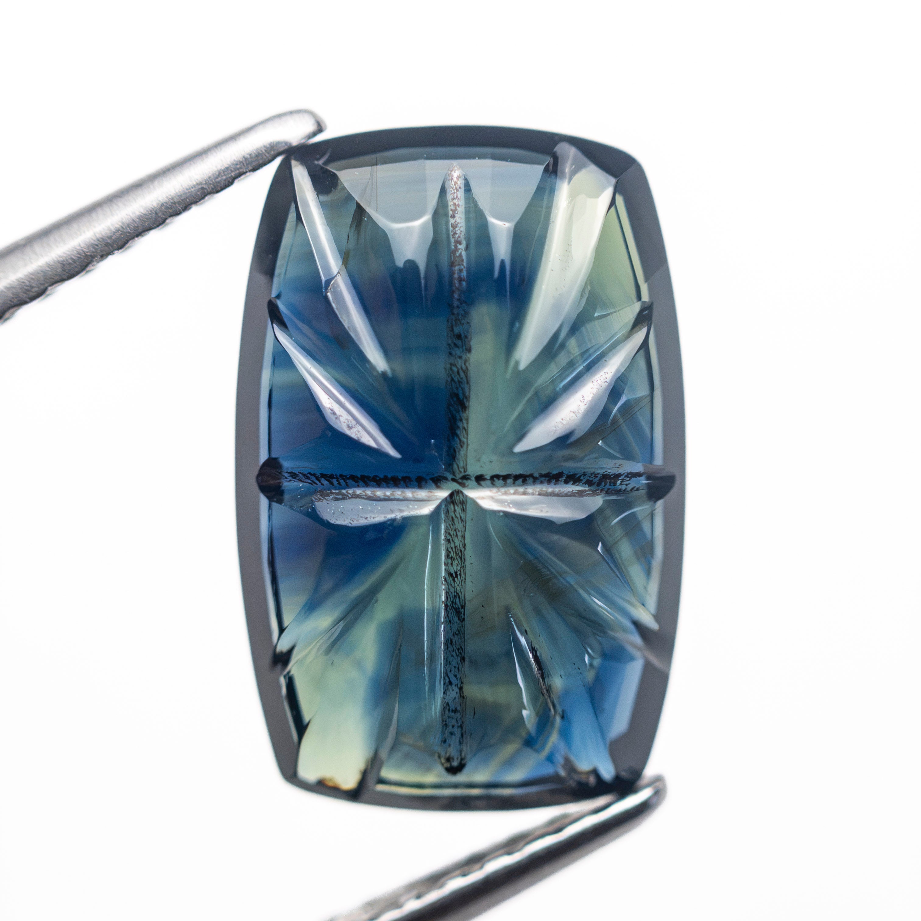 4.09ct 12.75x8.30x3.16mm Cushion Fantasy Cut Sapphire 27762-03 - Lelya - bespoke engagement and wedding rings made in Scotland, UK