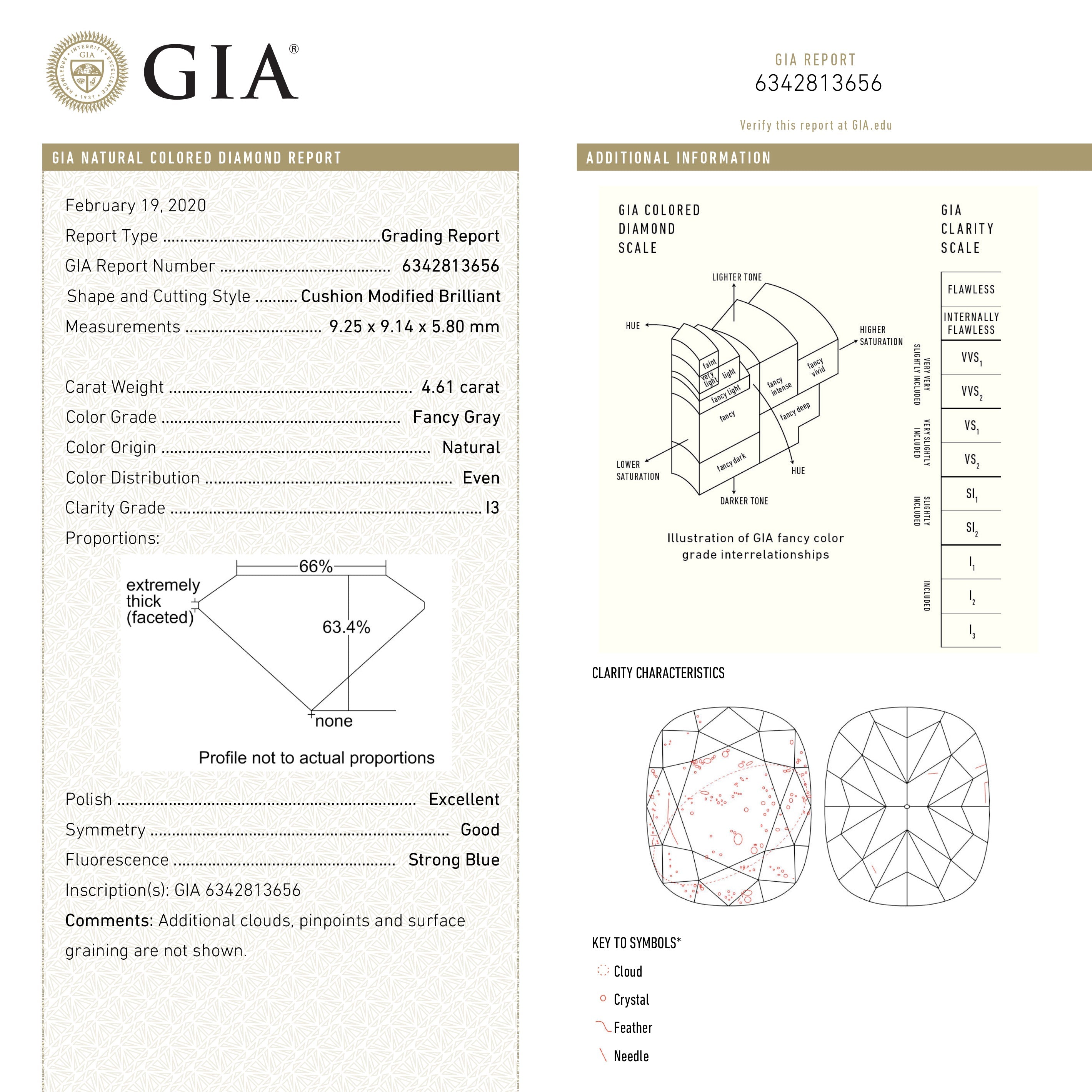 4.61ct 9.25x9.14x5.80mm GIA I3 Fancy Grey Cushion Brilliant 18859 - 01 - Lelya - bespoke engagement and wedding rings made in Scotland, UK