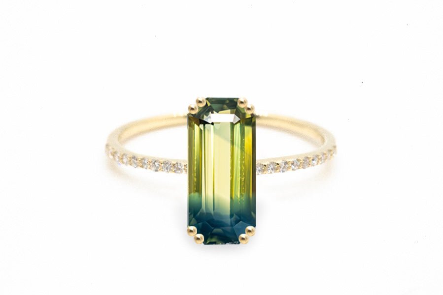 1.31ct Parti Green-Yellow Rectangle Australian Sapphire - Lelya - bespoke engagement and wedding rings made in Scotland, UK