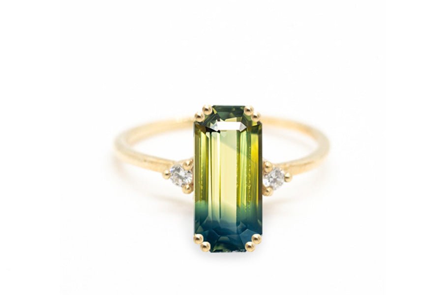 1.31ct Parti Green-Yellow Rectangle Australian Sapphire - Lelya - bespoke engagement and wedding rings made in Scotland, UK
