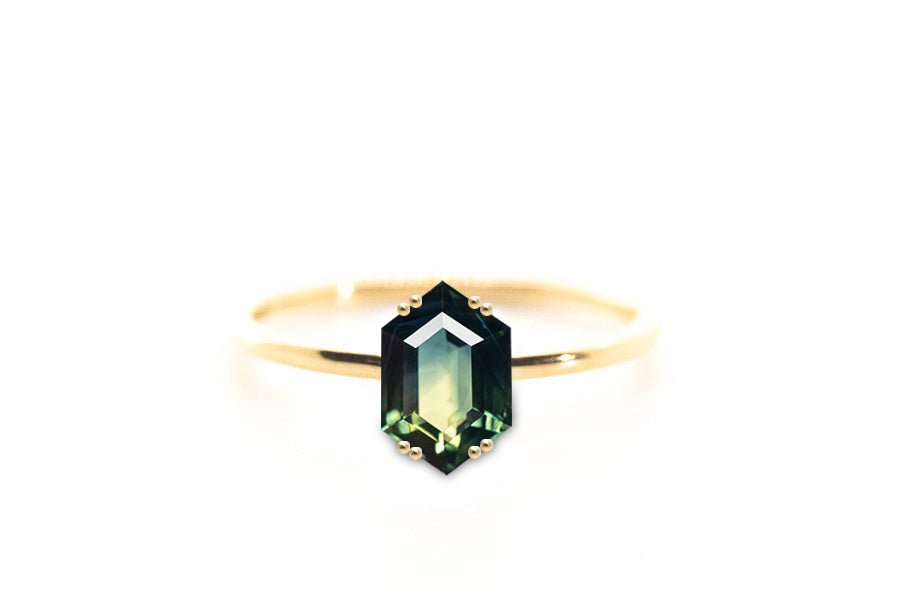 Australian Hexagon Brilliant Cut 1.48ct Teal Sapphire - Lelya - bespoke engagement and wedding rings made in Scotland, UK