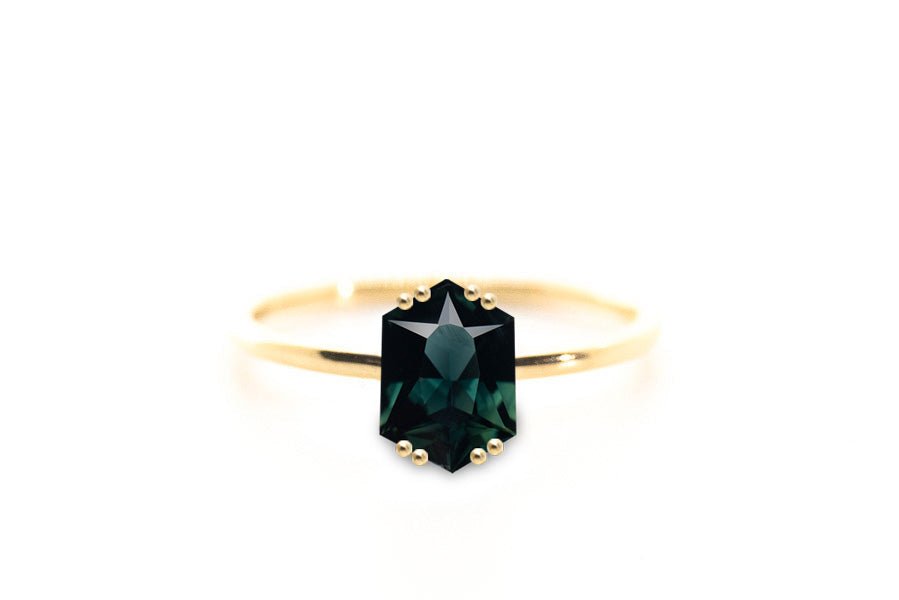 Australian Hexagon Brilliant Cut 1.71ct Teal Sapphire - Lelya - bespoke engagement and wedding rings made in Scotland, UK