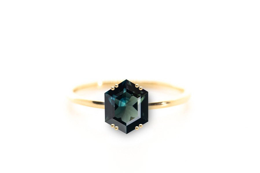 Australian Hexagon Brilliant Cut 2.27ct Teal Sapphire - Lelya - bespoke engagement and wedding rings made in Scotland, UK