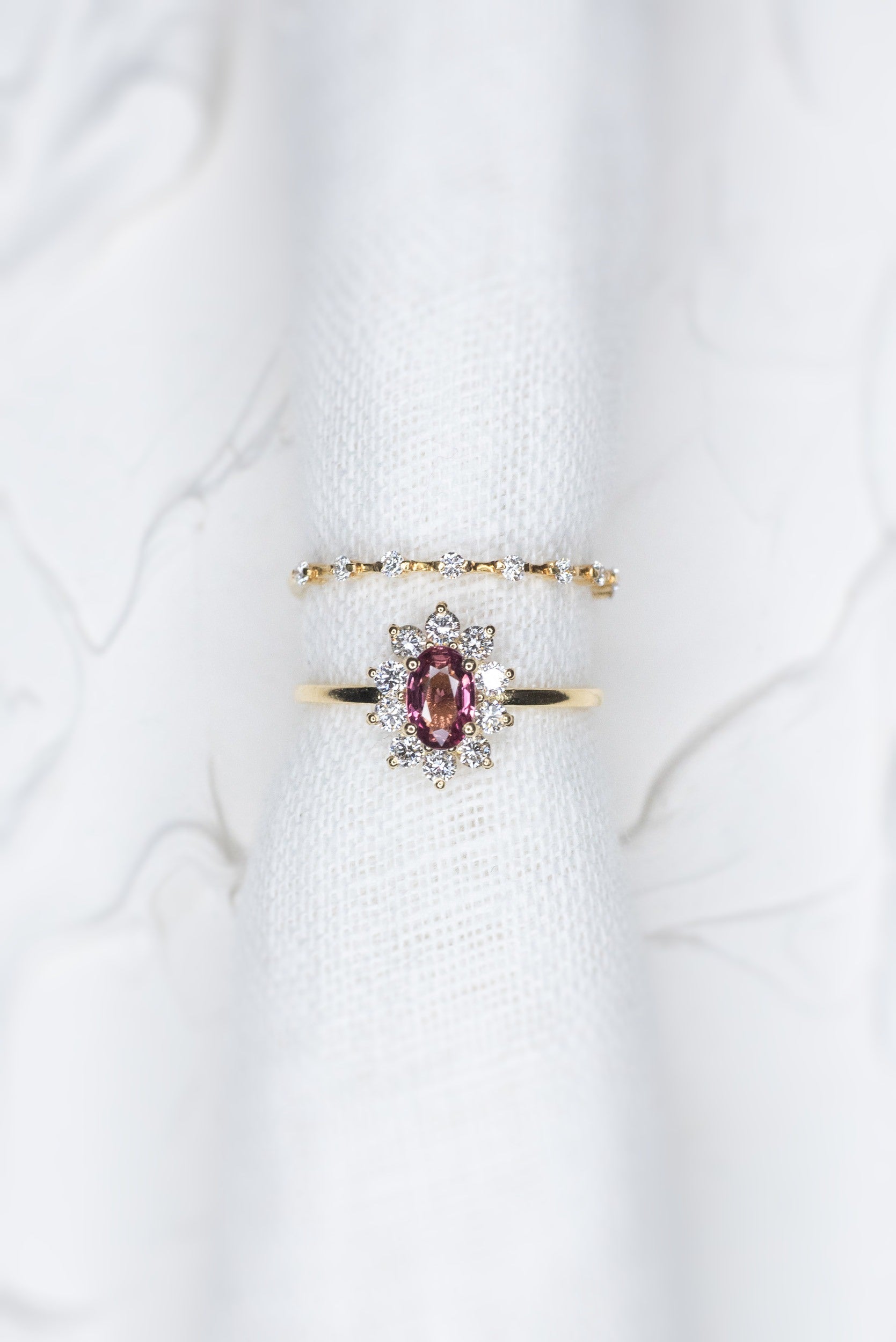 Custom 0.52ct Pink Orange Sapphire Halo Ring - Lelya - bespoke engagement and wedding rings made in Scotland, UK