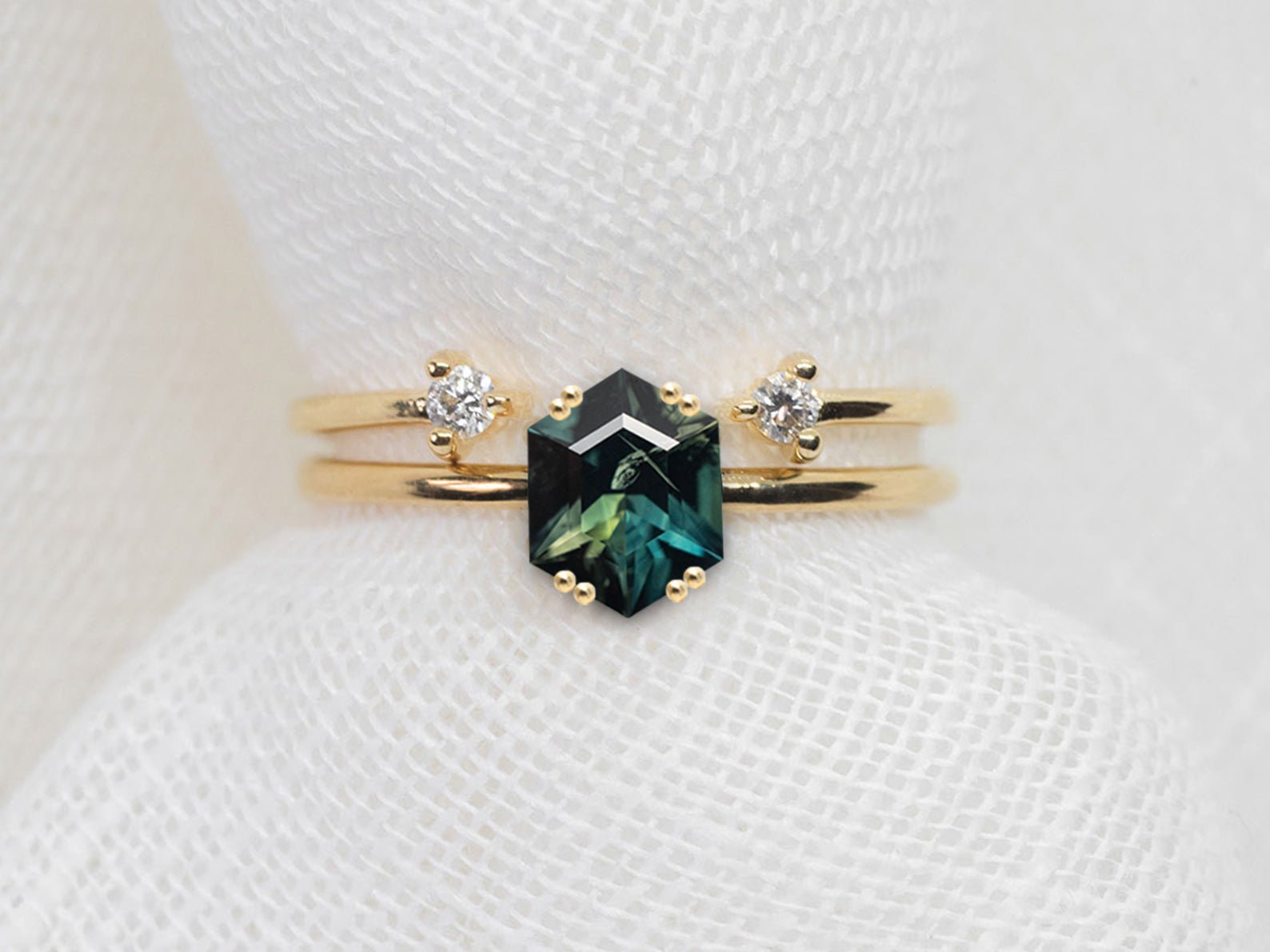 Hexagon Cut 3.02ct Teal Sapphire - Lelya - bespoke engagement and wedding rings made in Scotland, UK